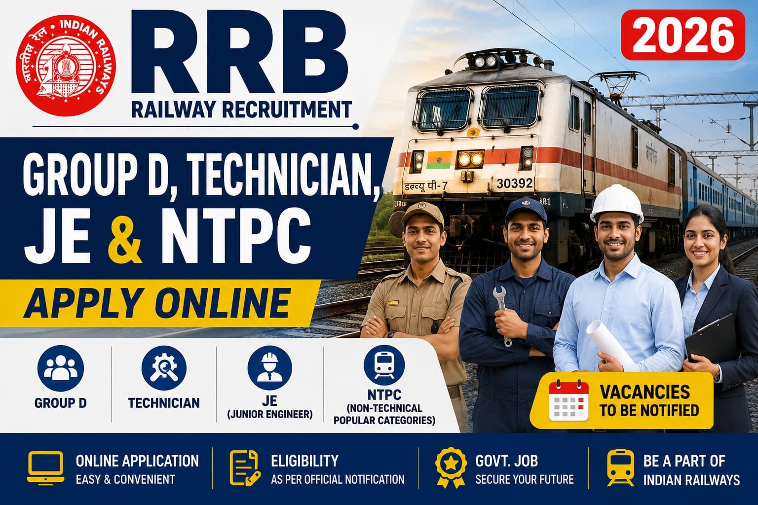 RRB Railway Recruitment 2026 – Group D, Technician, JE & NTPC Apply Online